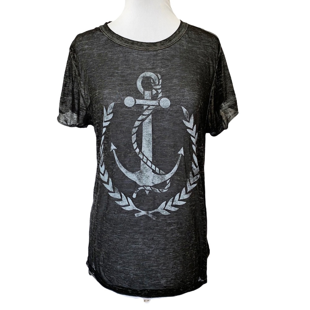 Recycled Karma Gray Sheer Burnout Anchor Nautical Short Sleeve T Shirt